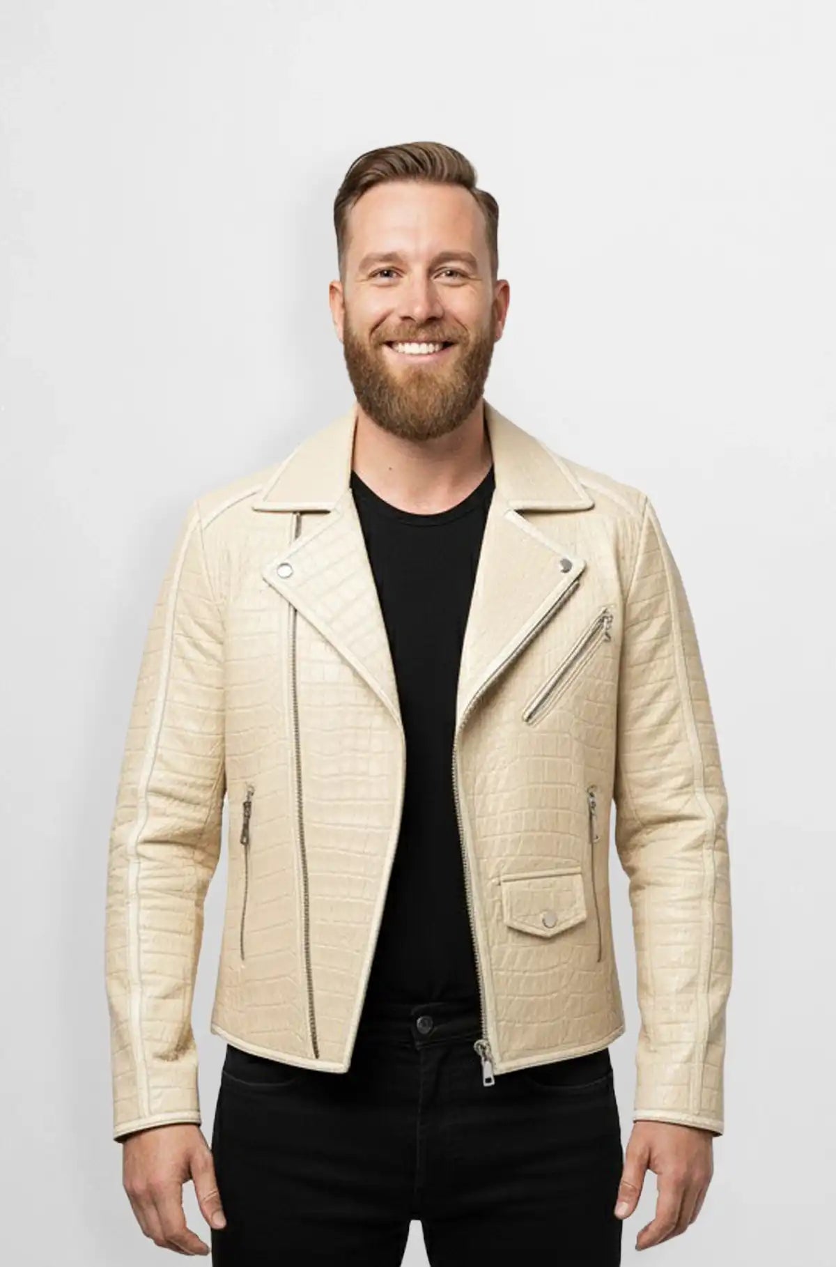 Crocodile Print Beige and Black Biker Leather Jacket