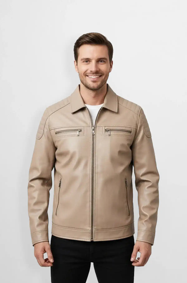 Light Beige Premium Leather Bomber Jacket Front view