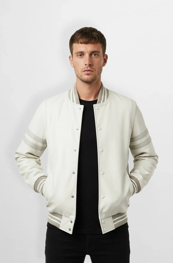 Luxe Ivory Varsity Leather Jacket