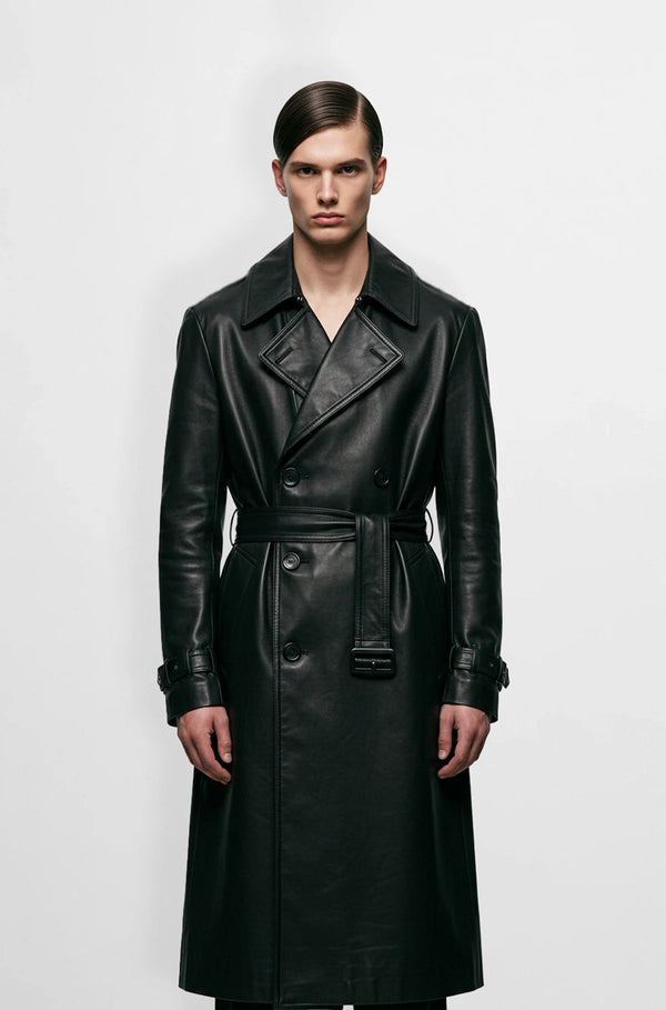 Men's black leather trench coat Front view