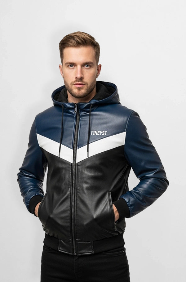 Navy Black Leather Hooded Bomber Jacket Front view