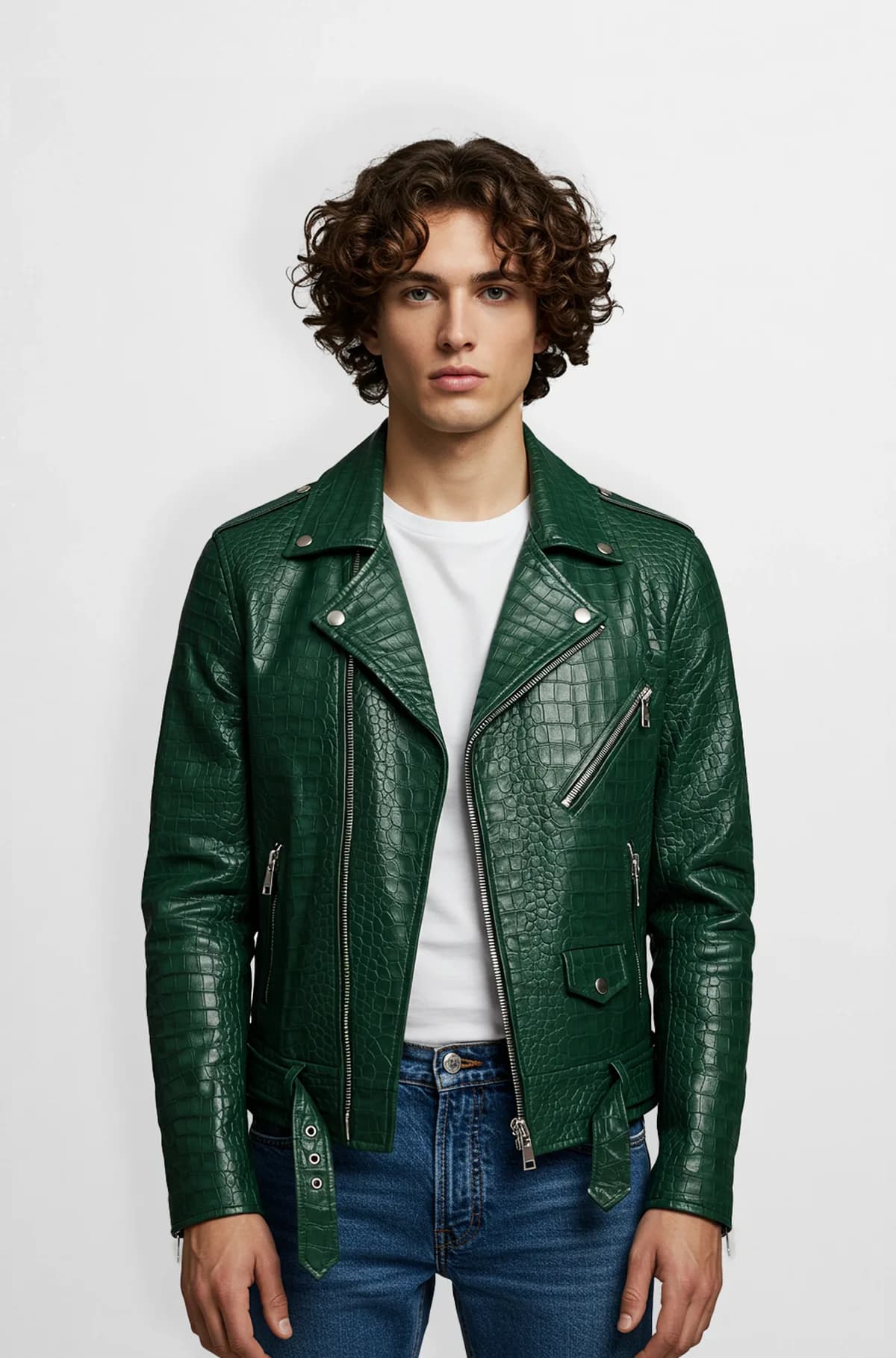 Green crocodile leather biker jacket for mens