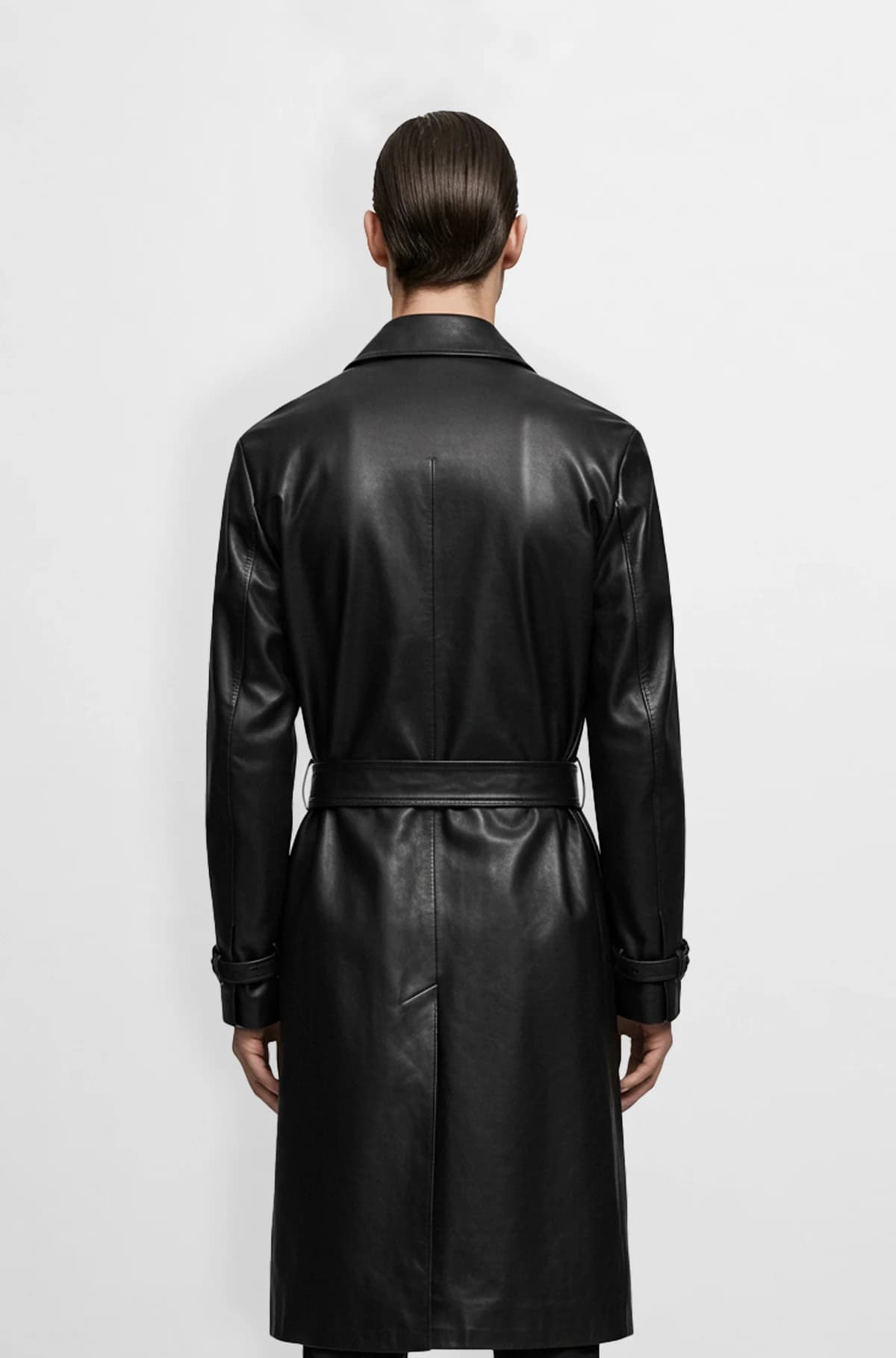Men's black leather trench coat