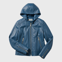 Womens Blue Hooded Leather Jackets