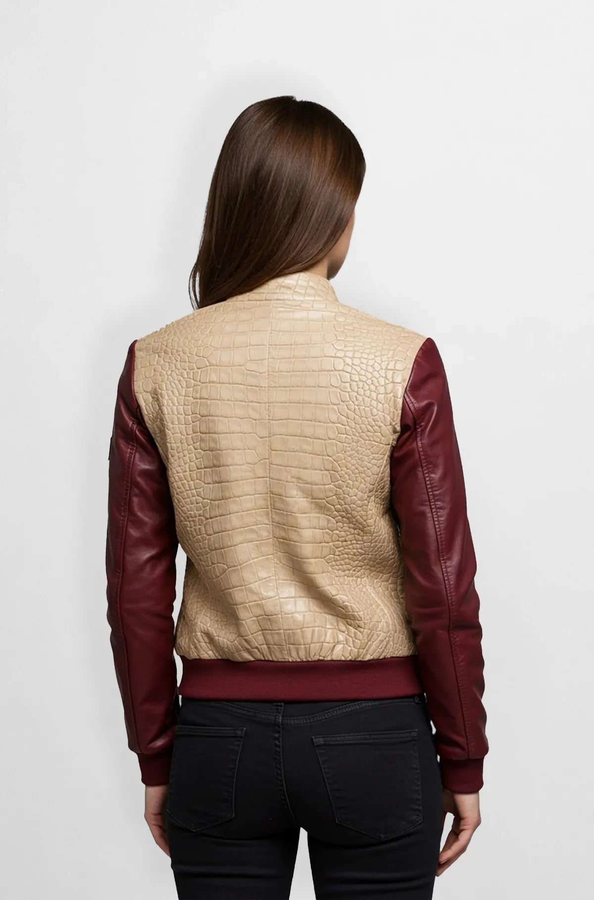 Beige Crocodile Leather Bomber Jacket Back view