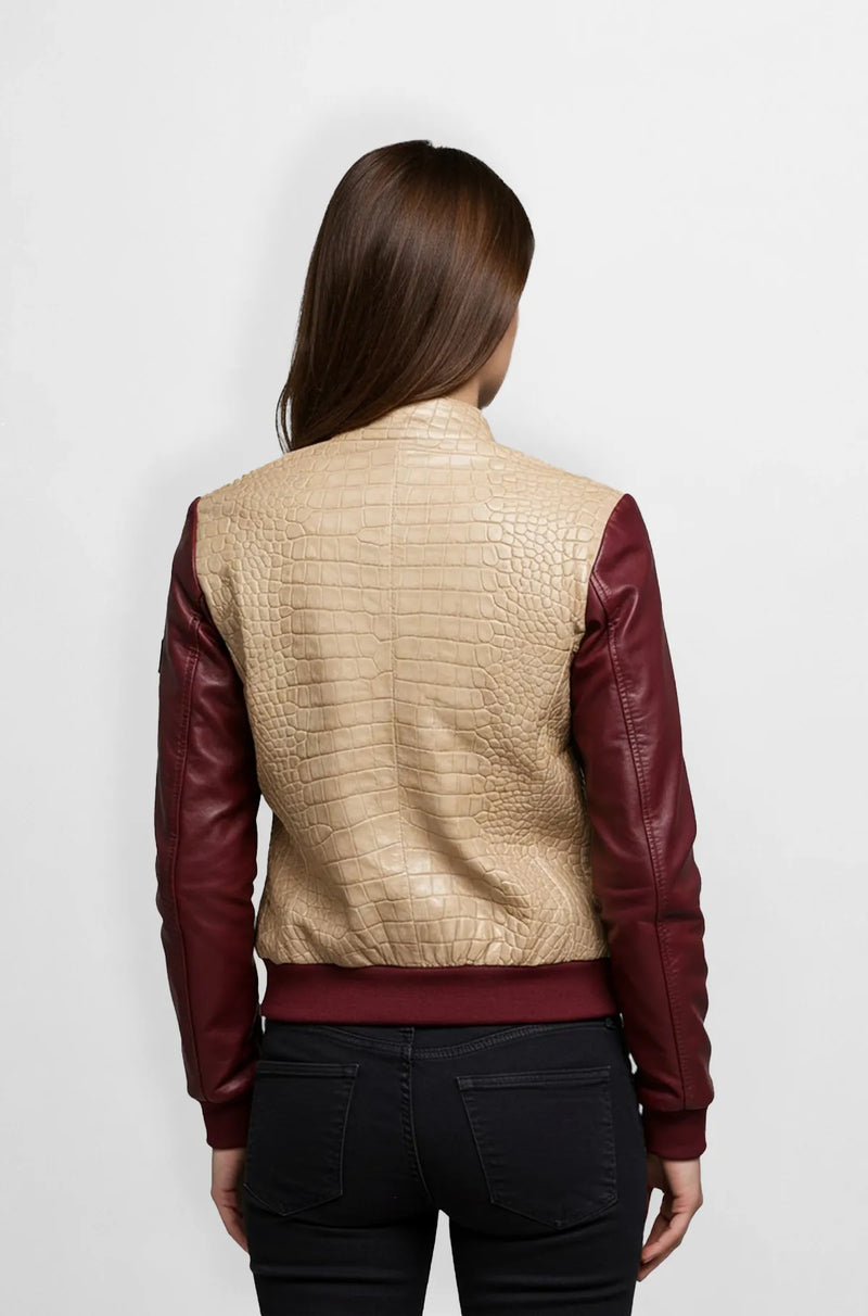 Beige Crocodile Leather Bomber Jacket Back view