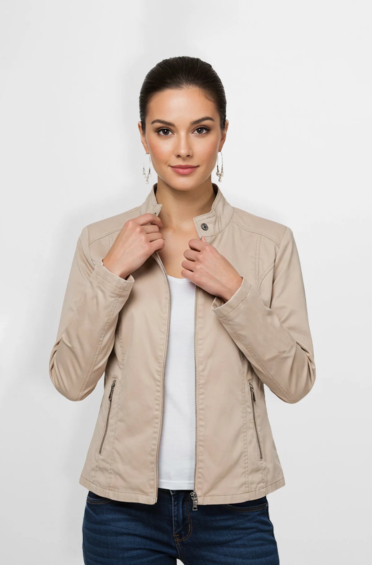 Beige Womens Moto Style Leather Jacket