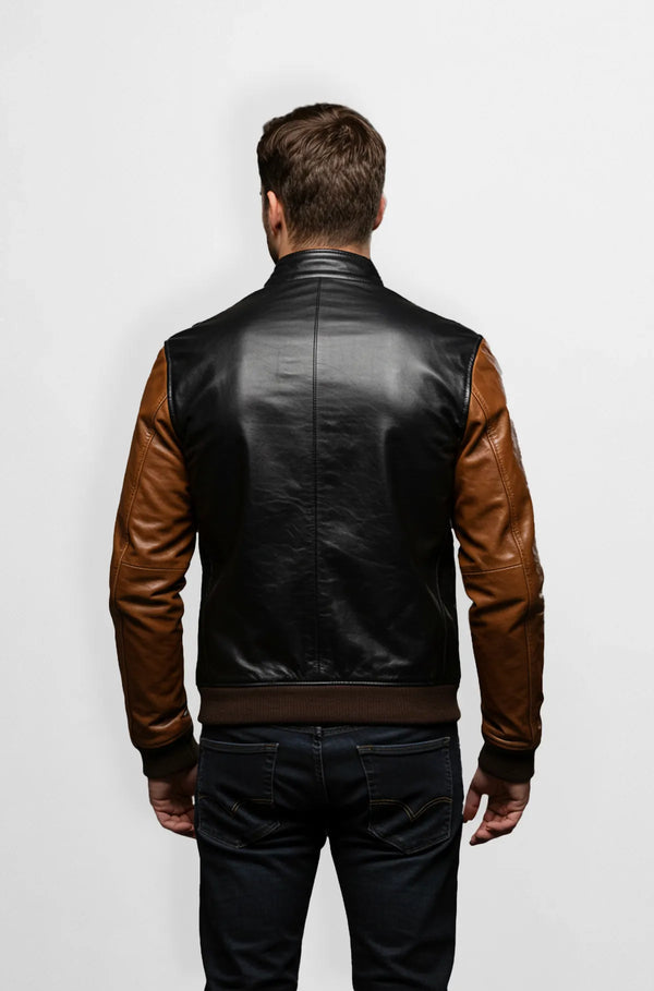 Black & Brown Leather Bomber Jacket Back view