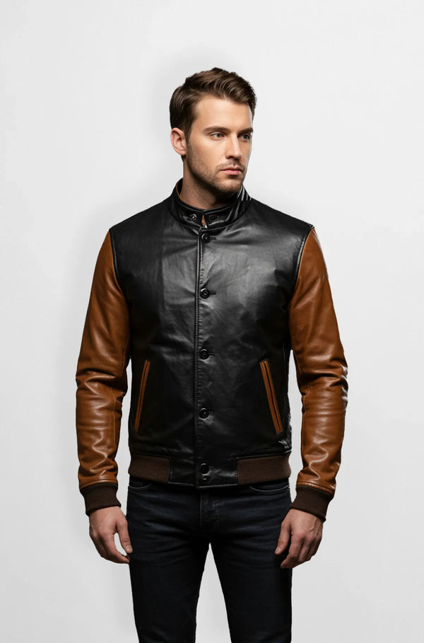 Black & Brown Leather Bomber Jacket Front view