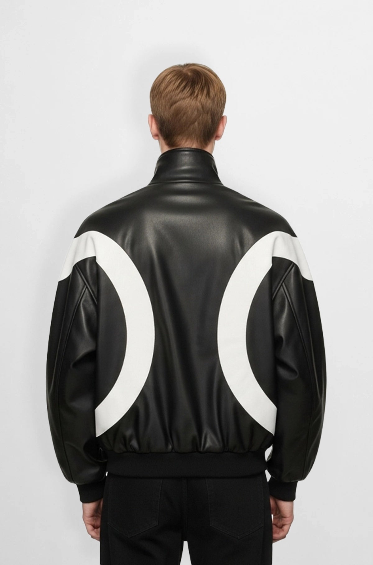 Black & White Retro Leather Bomber Jacket Back view