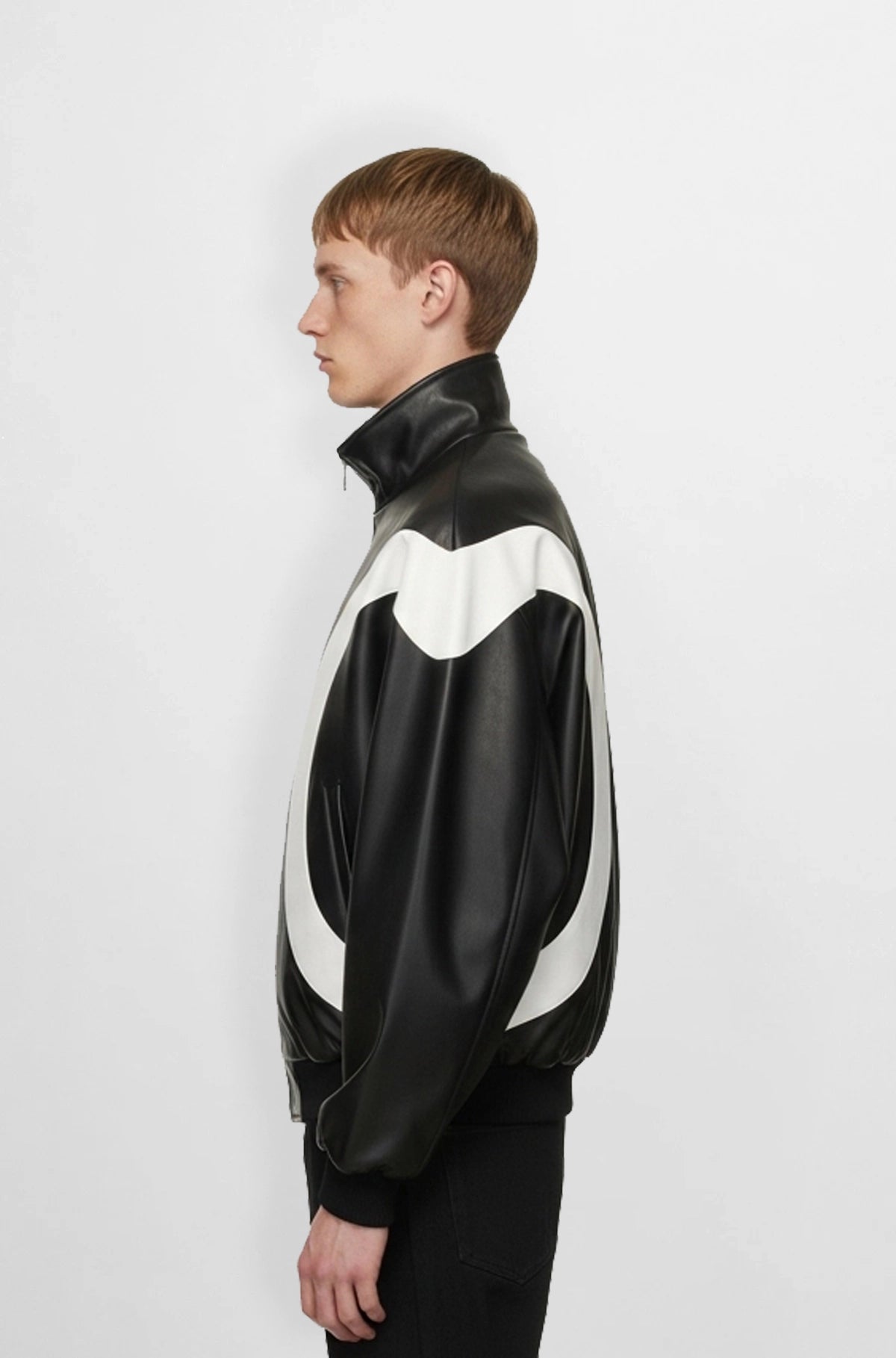 Black & White Retro Leather Bomber Jacket Side view