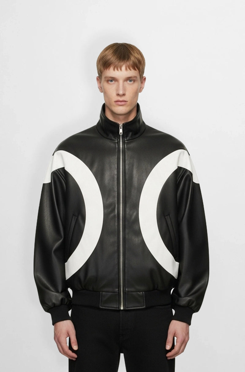 Black & White Retro Leather Bomber Jacket Front view
