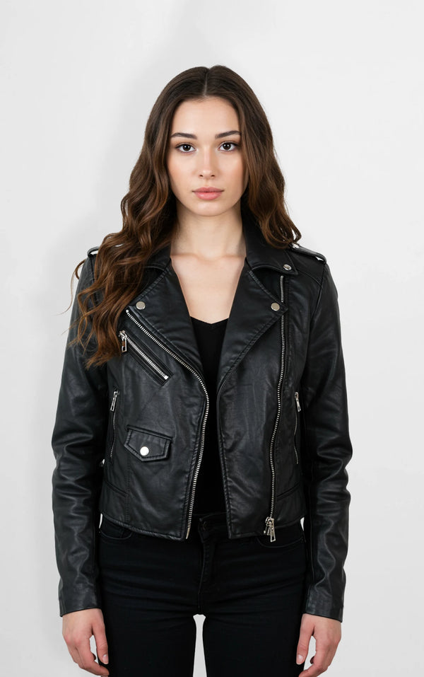 Black Faux Leather Biker Jacket for Women