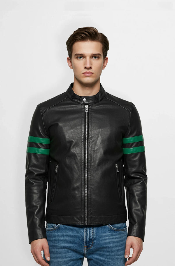 Black Leather Racer Jacket with Green Stripes front view