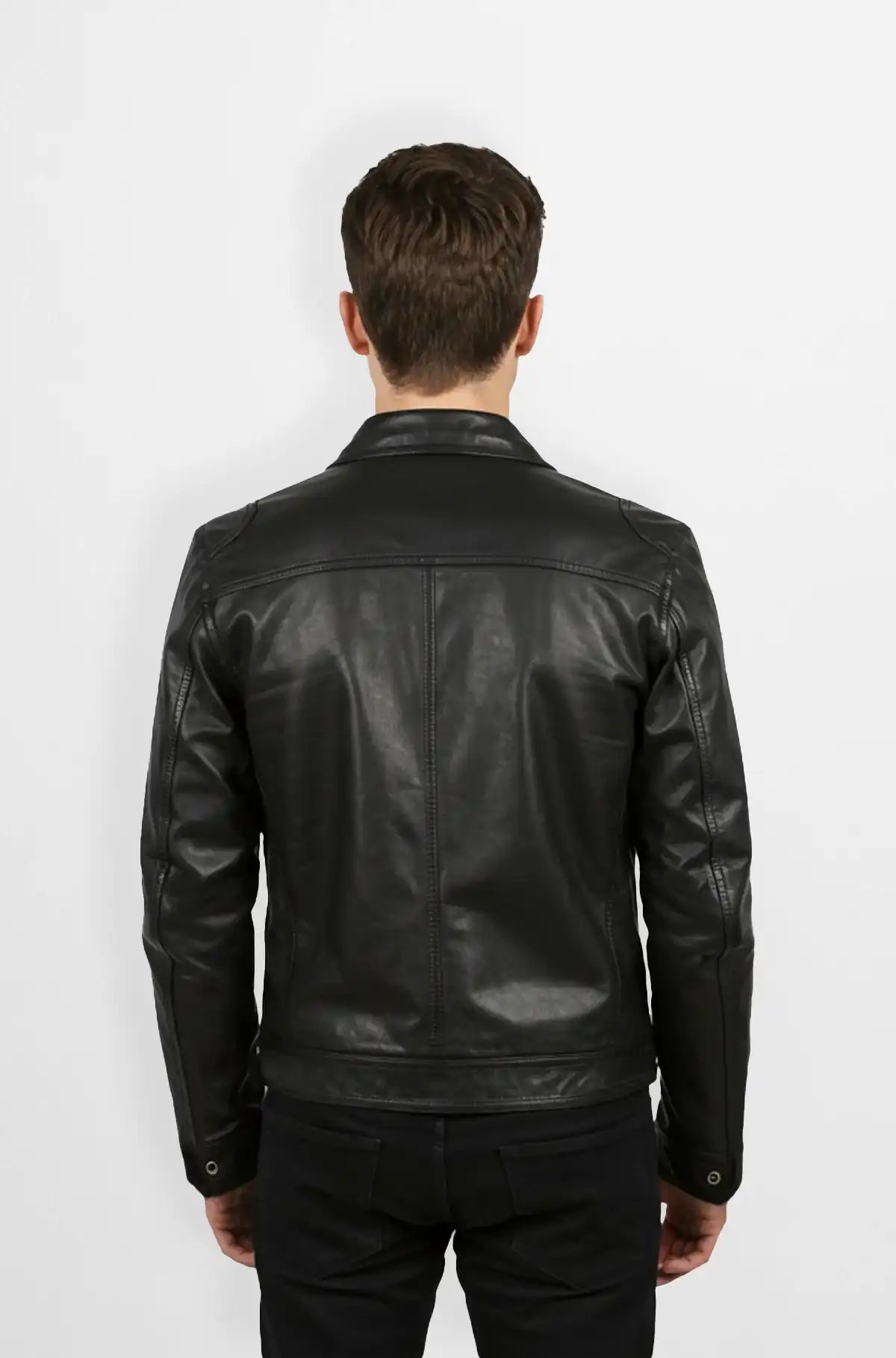 Black Leather Trucker Bomber Jacket Back view