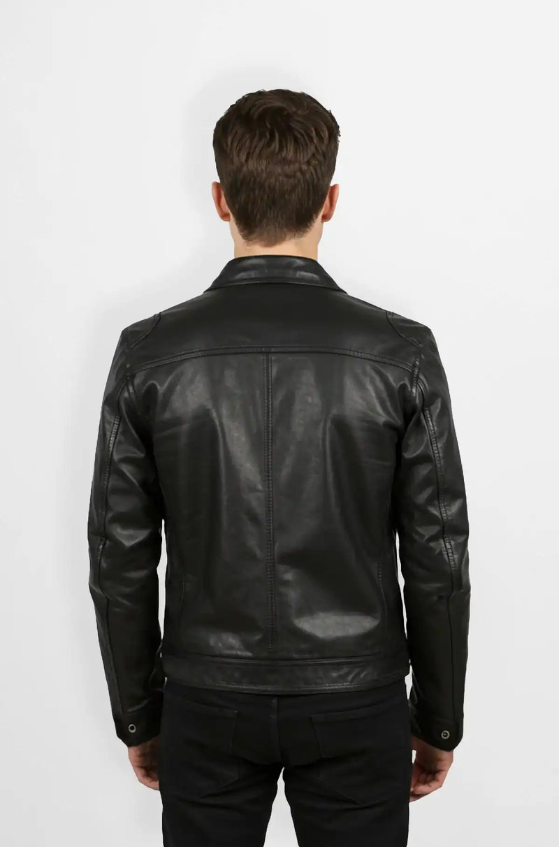 Black Leather Trucker Bomber Jacket Back view