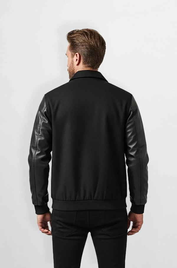 Black Wool Leather Varsity Jacket Back view