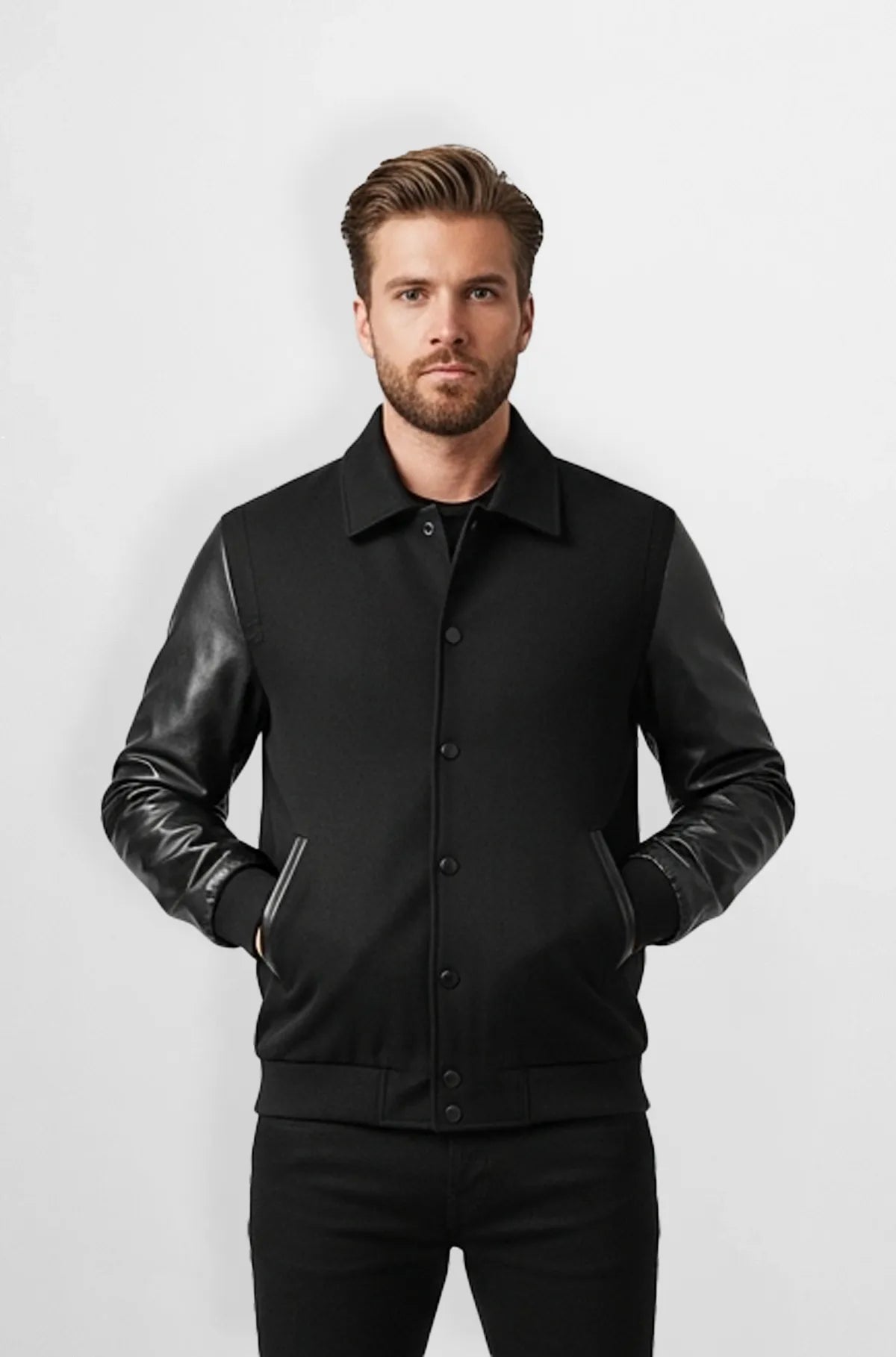Black Wool Leather Varsity Jacket