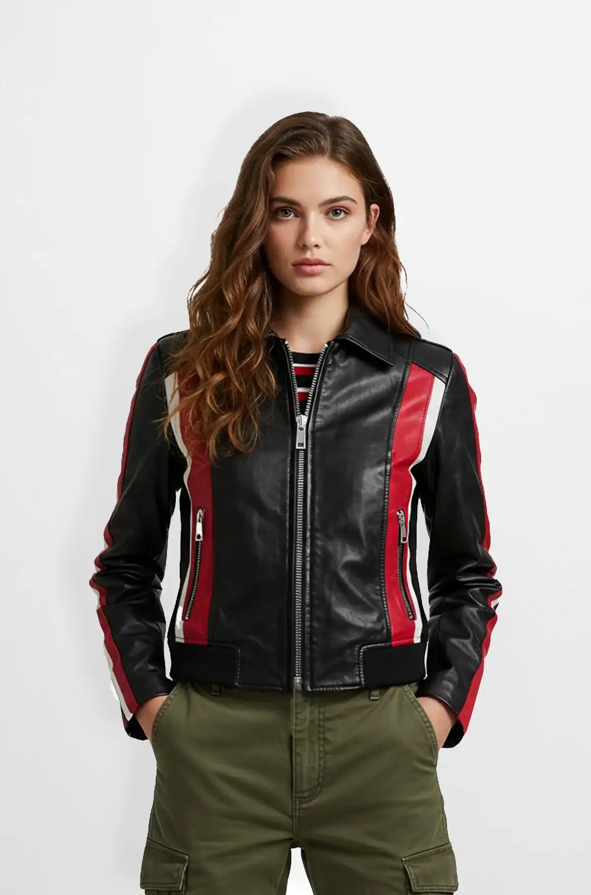 Black and Red Leather Racing Biker Jacket