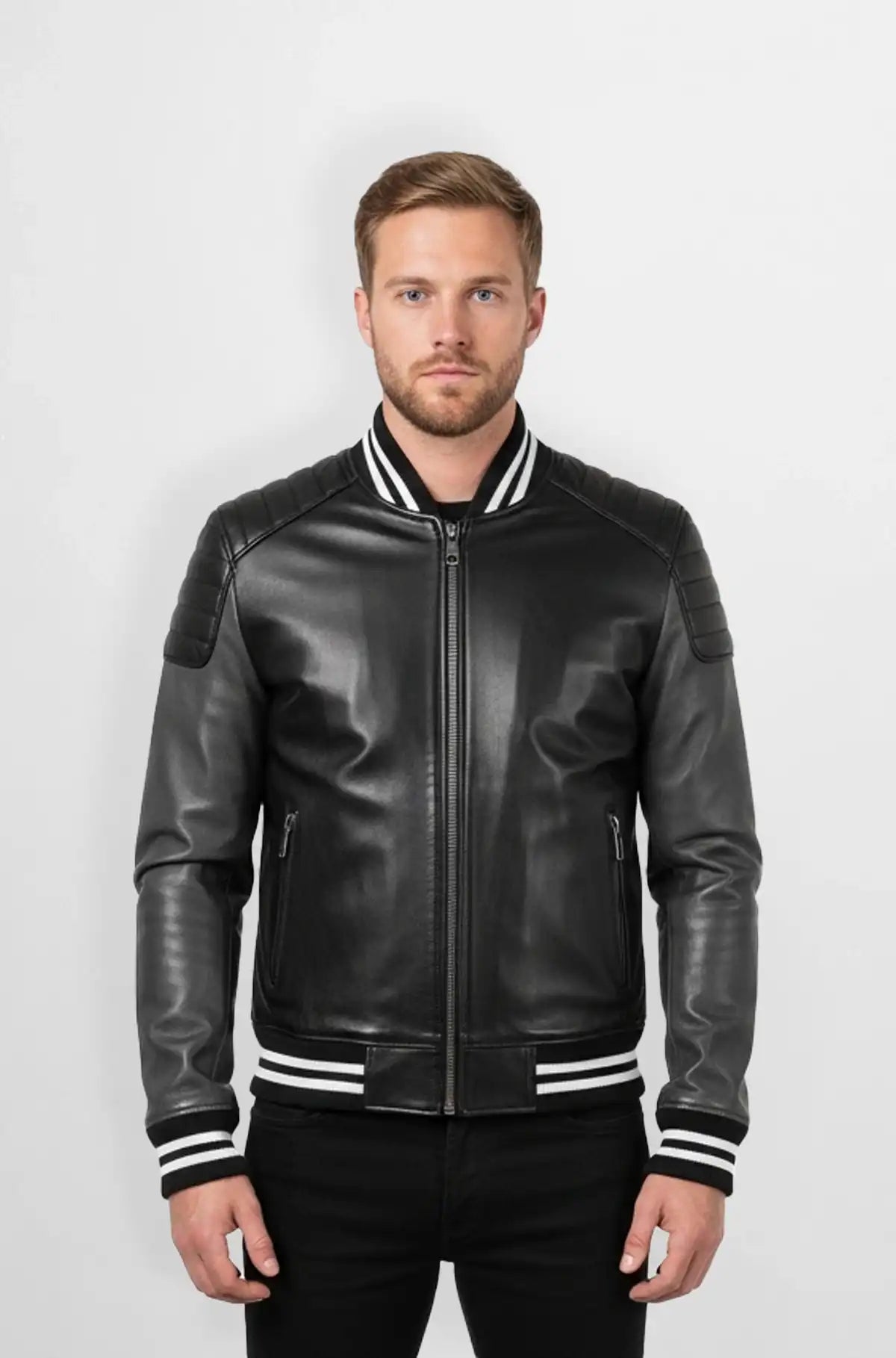 Black with White Stripes Two Tone Leather Bomber Jacket