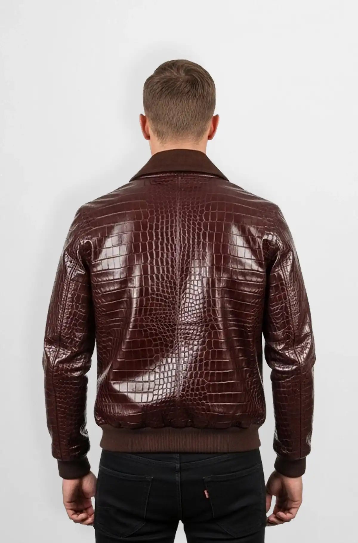 Brown Croc Embossed Bomber Leather Jacket