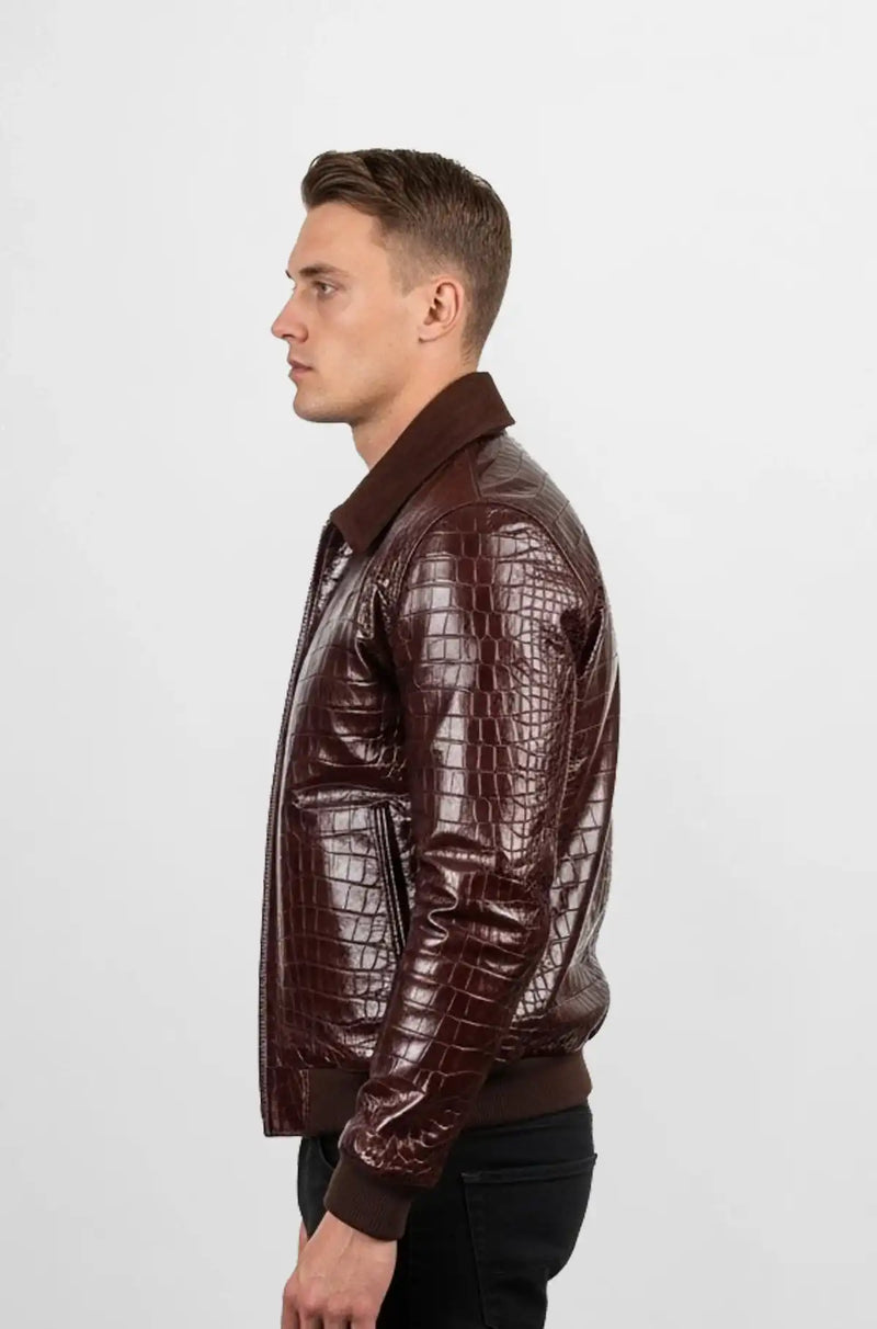 Brown Croc Embossed Bomber Leather Jacket