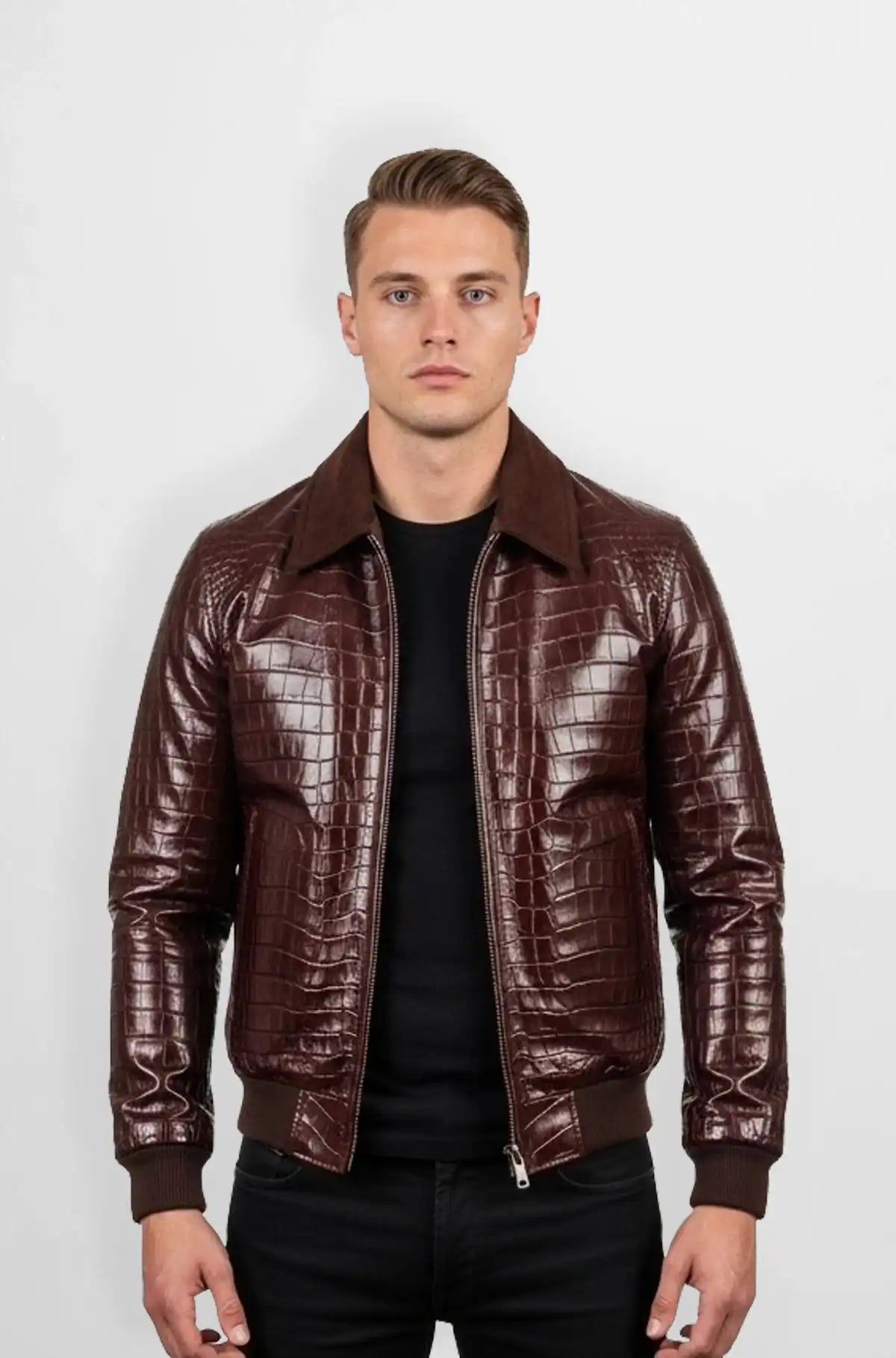Brown Croc Embossed Bomber Leather Jacket