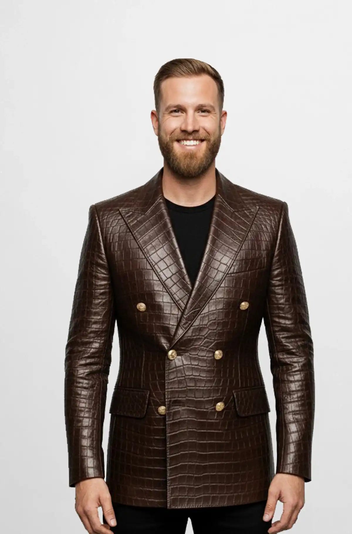 Brown Double Breasted Crocodile Leather Blazer