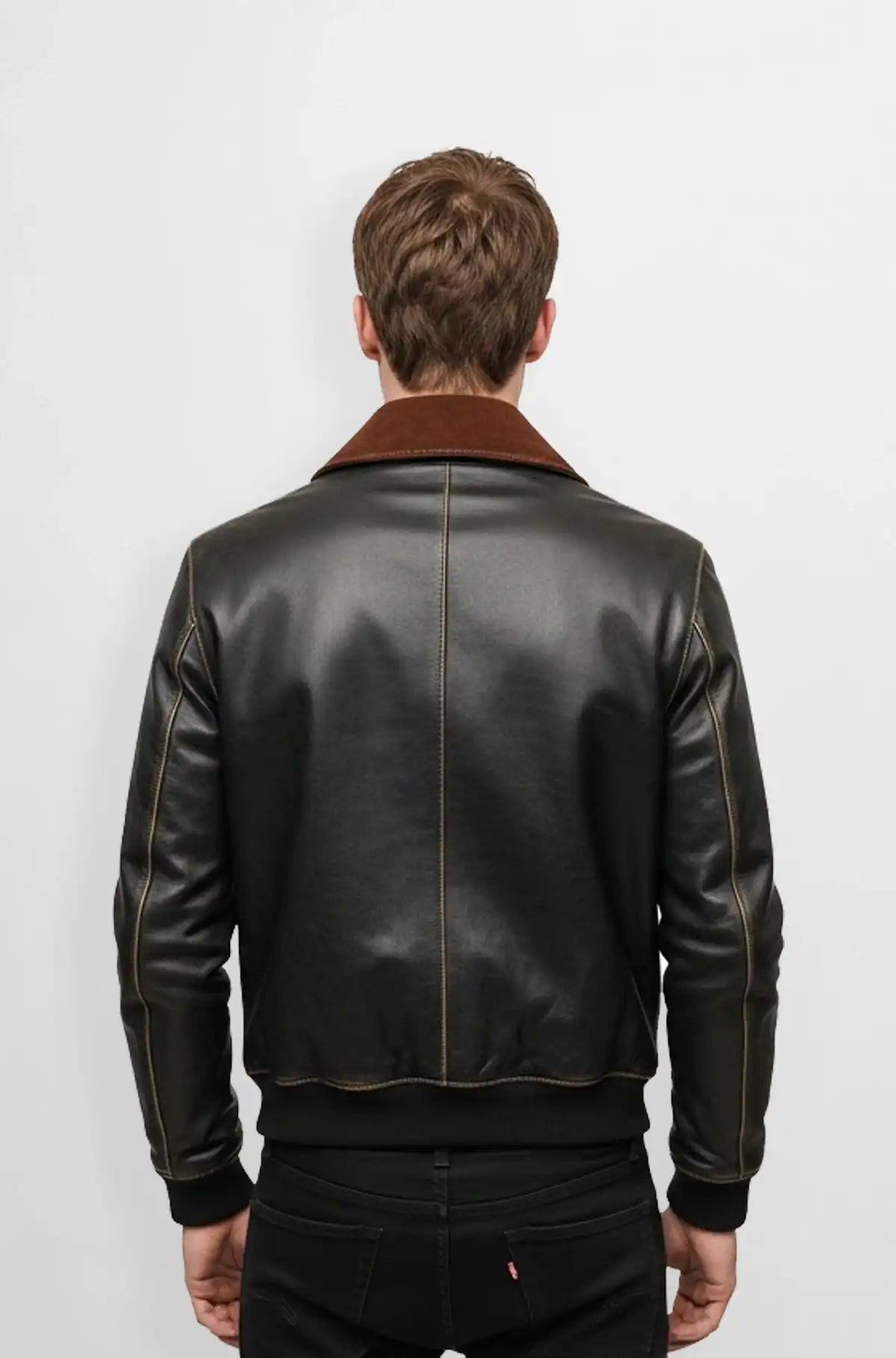 Brown Leather Bomber Jacket with Suede Collar