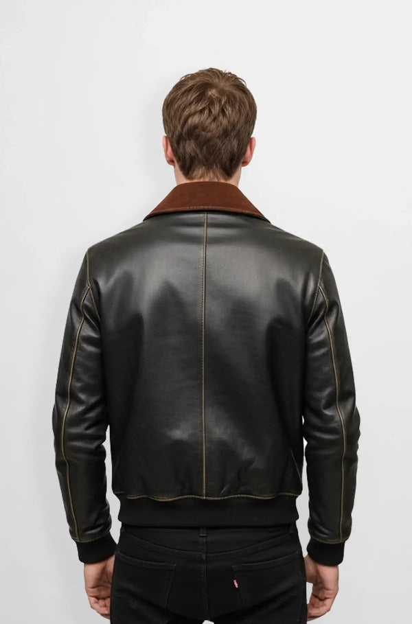 Brown Leather Bomber Jacket with Suede Collar