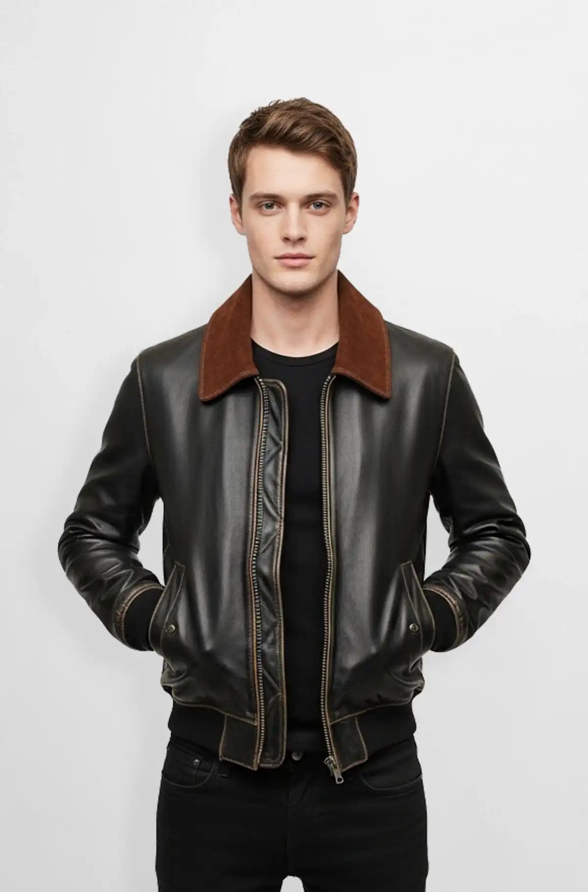 Brown Leather Bomber Jacket with Suede Collar