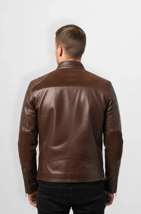 Brown Leather Bomber Jacket with Zipper Pockets