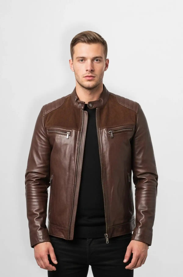 Brown Leather Bomber Jacket with Zipper Pockets