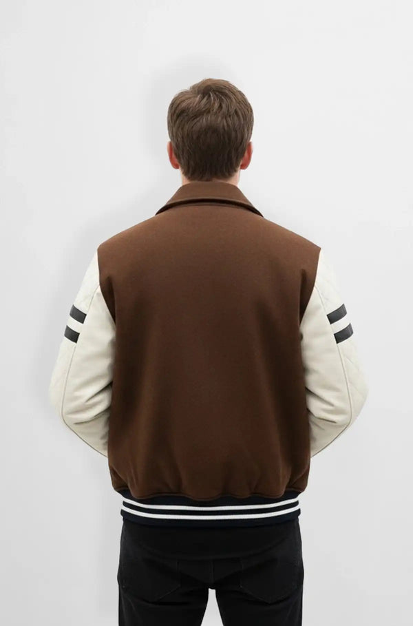 Chocolate Brown Wool Leather Varsity Jacket Back view