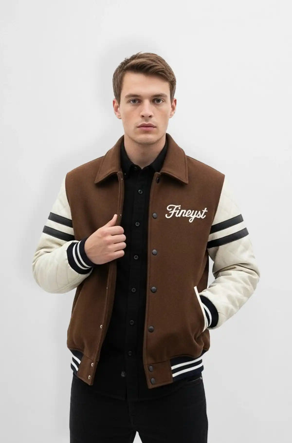 Chocolate Brown Wool Leather Varsity Jacket Front view