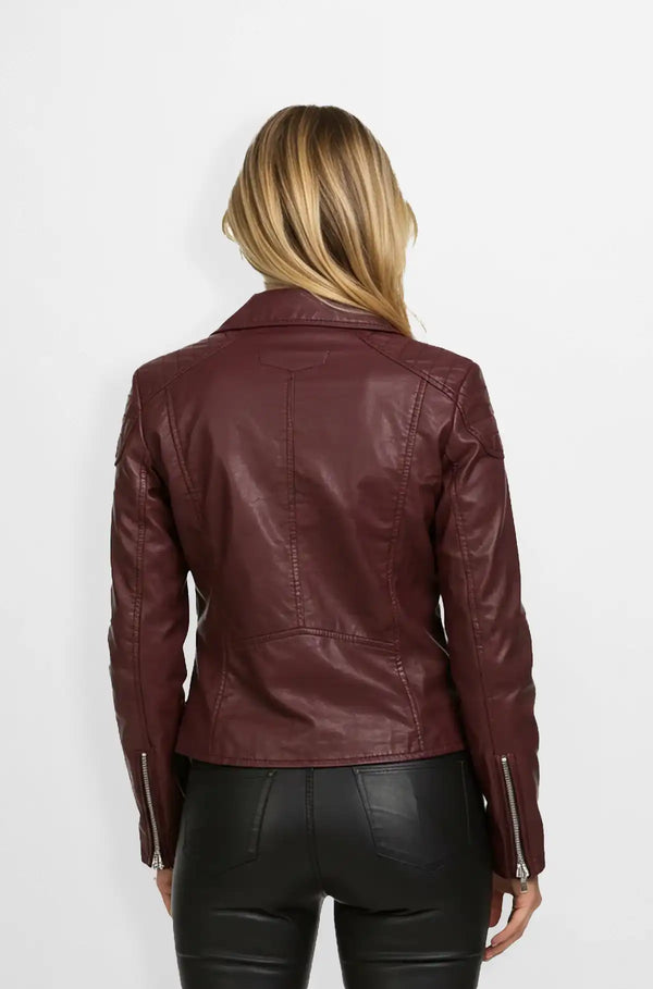 Burgundy Biker Leather Jacket Back view