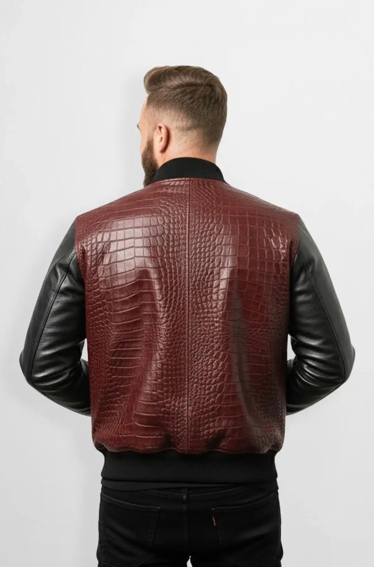 Burgundy Croc Embossed Leather Bomber Jacket