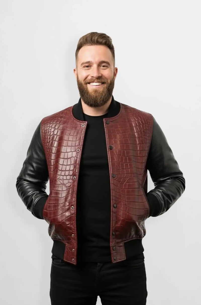 Burgundy Croc Embossed Leather Bomber Jacket