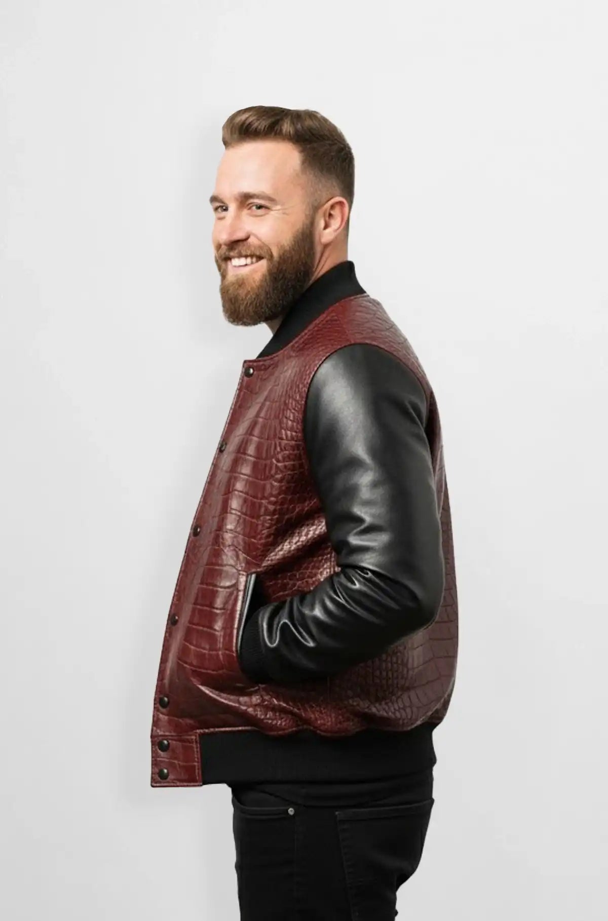 Burgundy Croc Embossed Leather Bomber Jacket
