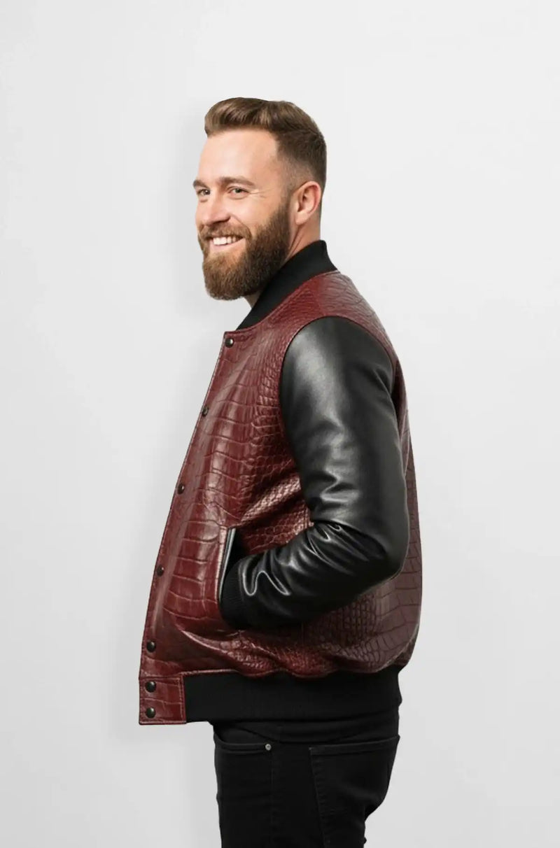 Burgundy Croc Embossed Leather Bomber Jacket