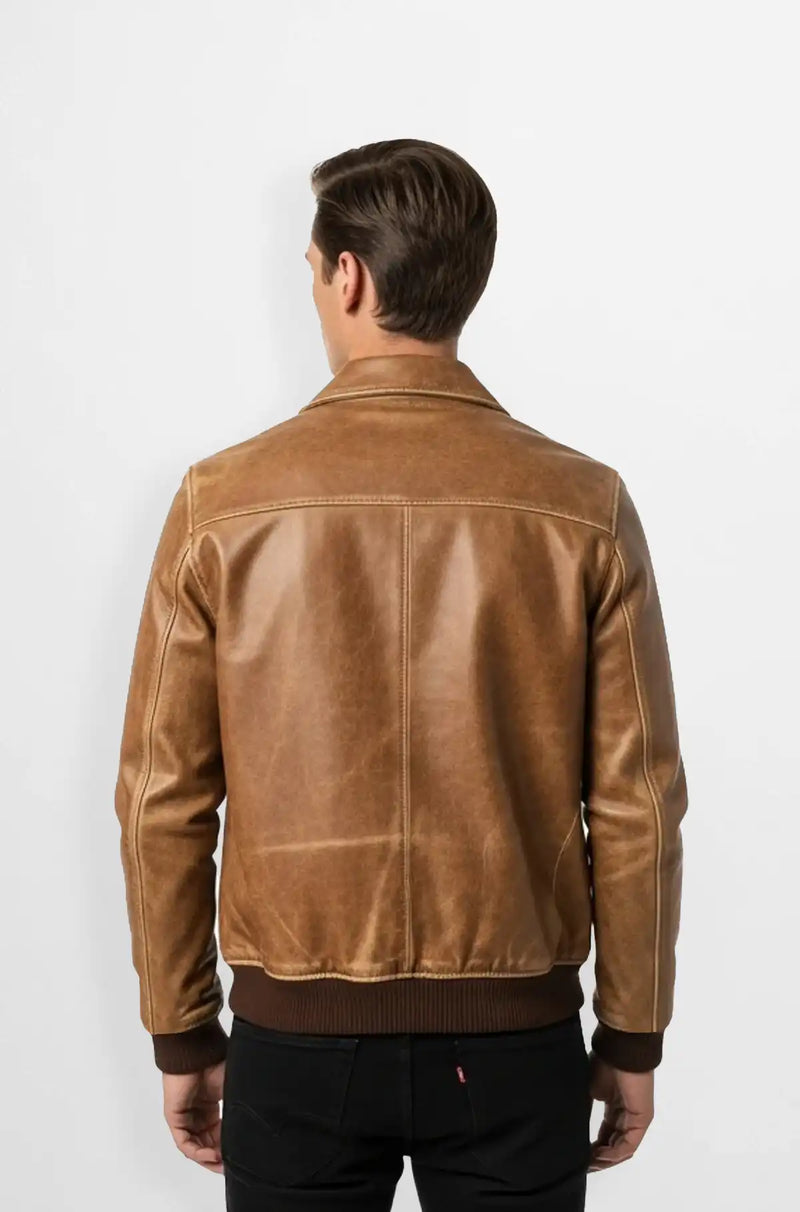 Caramel Tan Premium Leather Bomber Jacket Back view