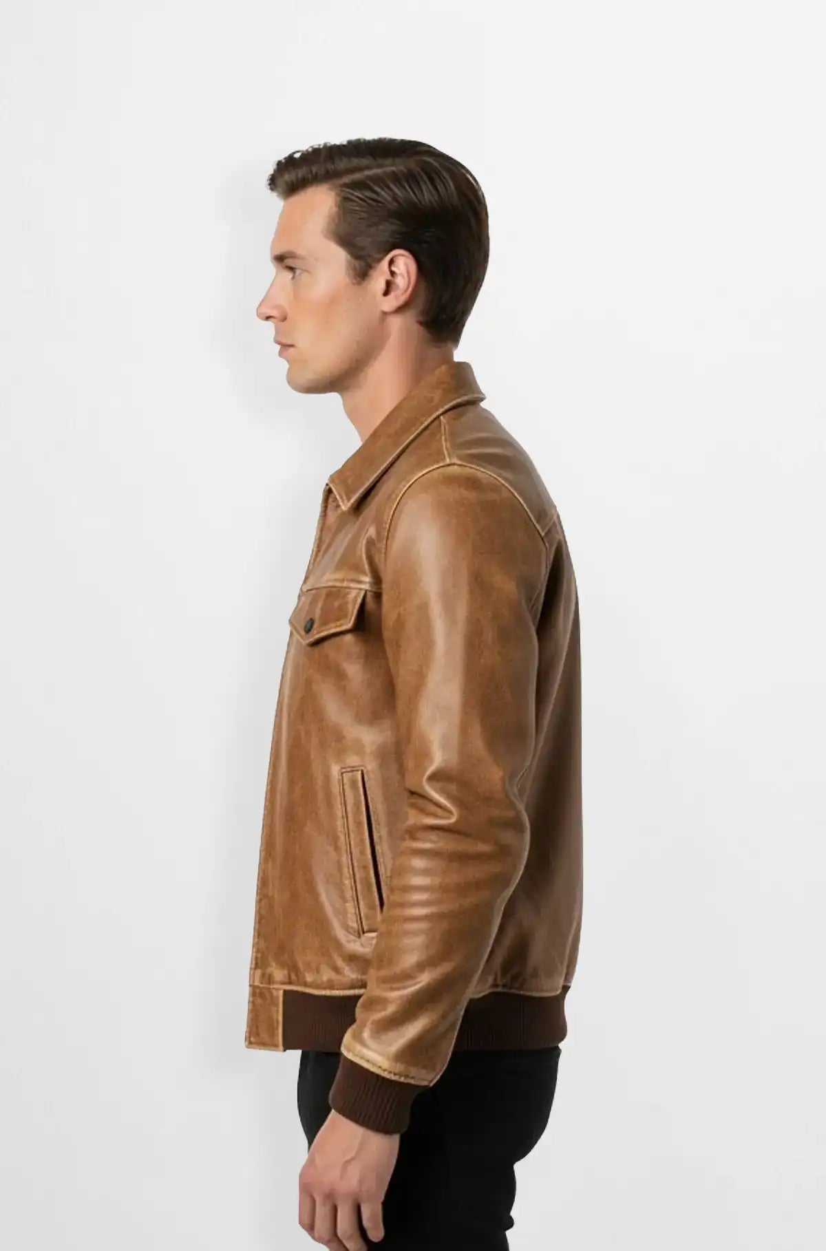 Caramel Tan Premium Leather Bomber Jacket Side view