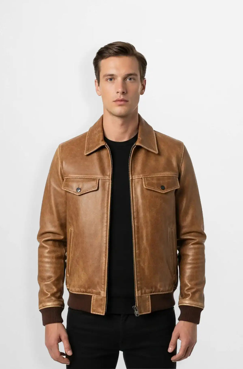 Caramel Tan Premium Leather Bomber Jacket Front view