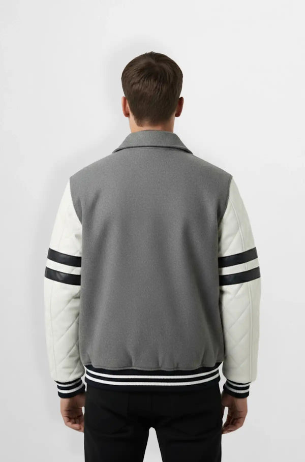 Grey Wool Leather Varsity Jacket Back view