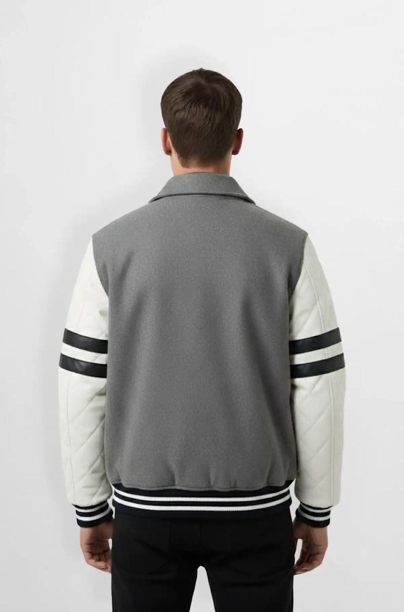 Grey Wool Leather Varsity Jacket Back view