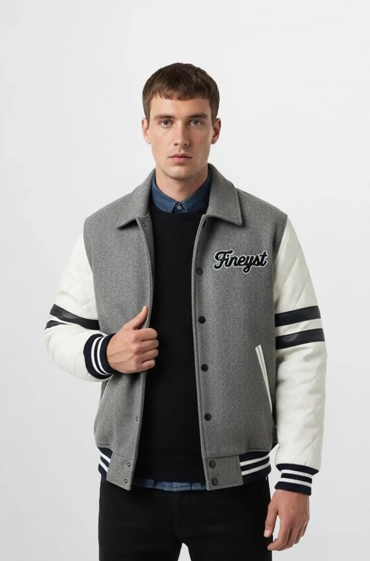Charcoal Grey Wool Leather Varsity Jacket