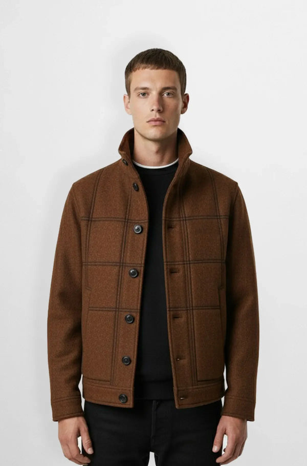 Checkered Brown Wool Bomber Jacket Front viewCheckered Brown Wool Bomber Jacket