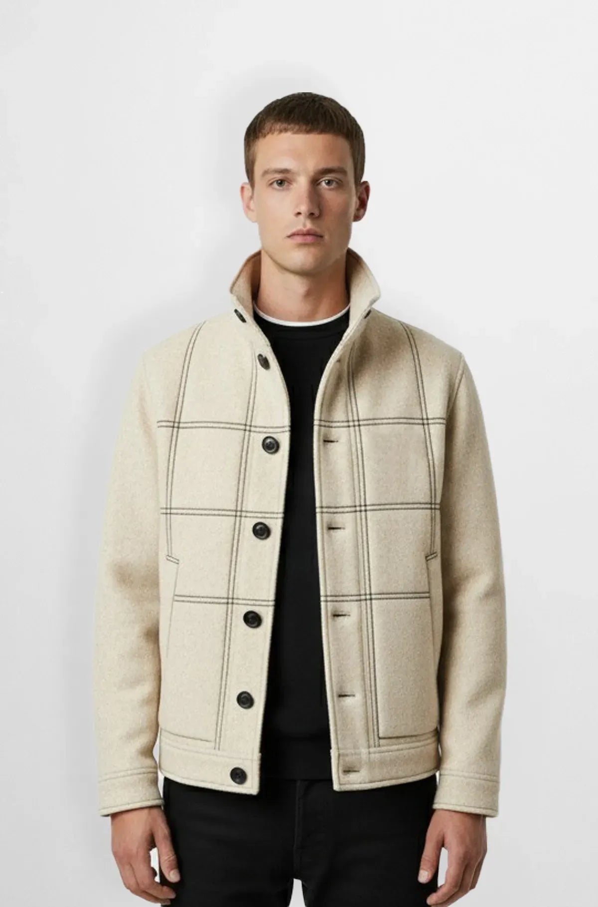 Checkered Light Beige Wool Bomber Jacket Front view