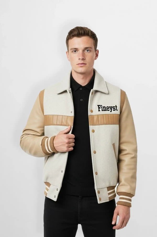 Classic Beige Wool Leather Varsity Jacket Front view
