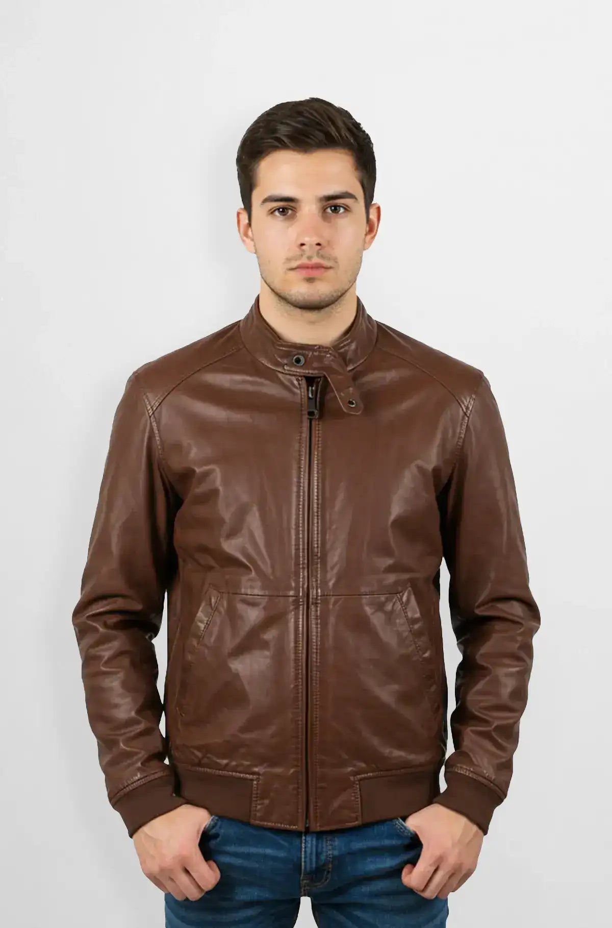 Classic Brown Premium Leather Bomber Jacket Front view